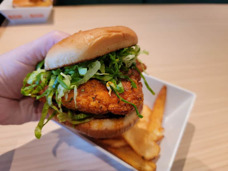 Hand holding a chicken sandwich on a bun over a bowl of French fries