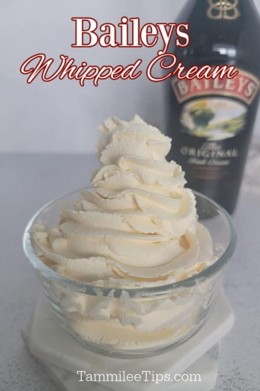 Baileys Whipped cream text over a glass jar with whipped cream swirled in it near a bottle of Baileys Irish Cream. 