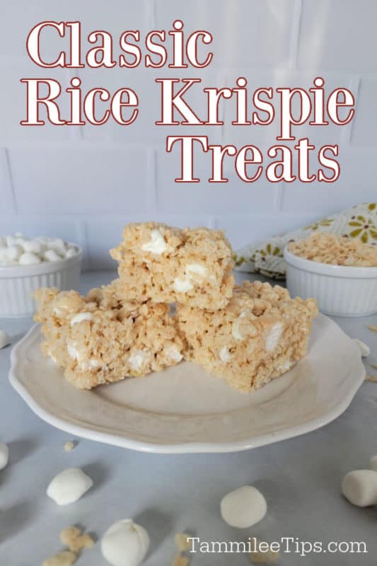 Classic Rice Krispie Treats text written over a plate with 3 Rice Krispie treats. Bowl of mini marshmallows and Rice Krispies in the background. 