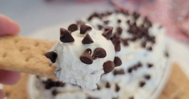 Booty Dip on a graham cracker above a white bowl