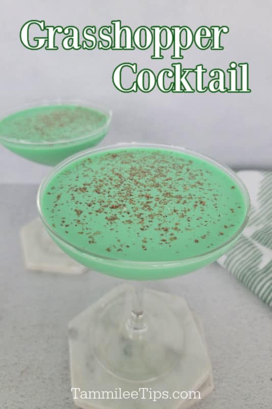 Grasshopper Cocktail over two coupe glasses filled with a green cocktail and garnished with chocolate shavings