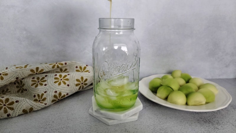 Melon liqueur pouring into a cocktail shaker for a melon ball shot next to a plate of melon