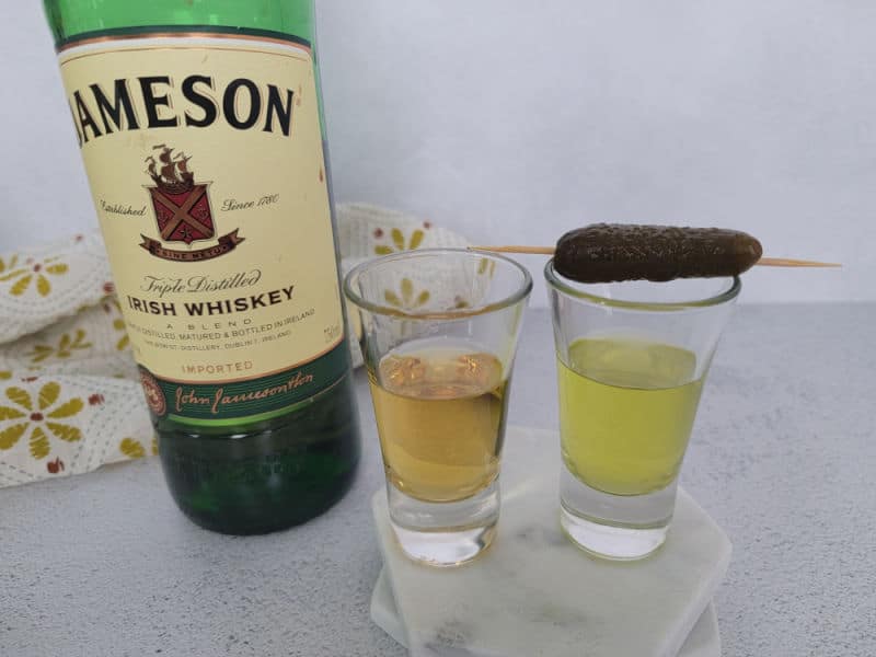 Pickleback Shot next to a bottle of Jameson Irish Whiskey