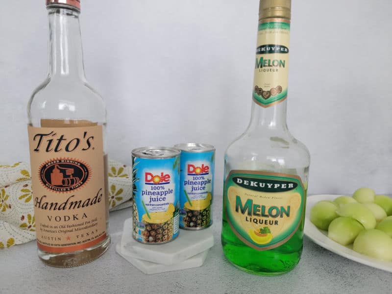 Melon Ball Shot ingredients vodka, pineapple juice, Midori Melon Liqueur