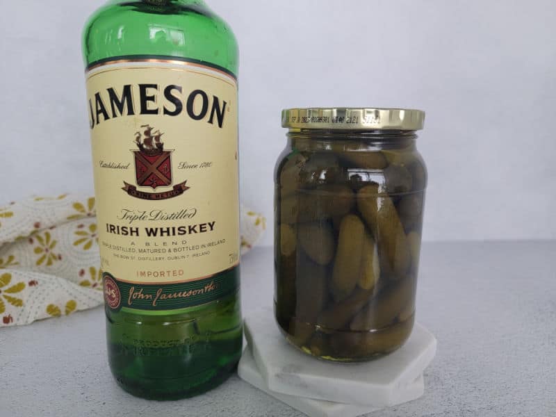 Pickleback Shot ingredients, Jameson Irish Whiskey, Pickles and Pickle Juice