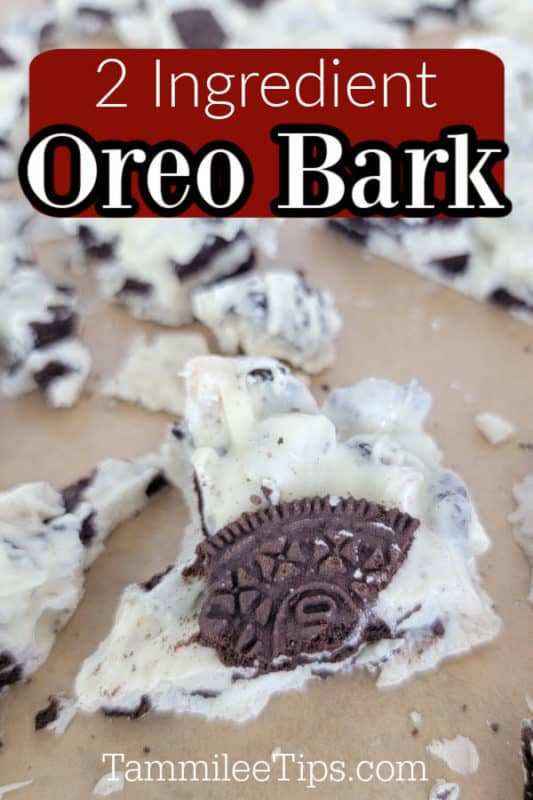 2 ingredient Oreo bark text over parchment paper with pieces of Oreo Cookie Bark 