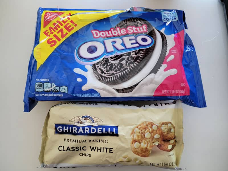 Double Stuff Oreo package and Ghirardelli classic white chocolate chip package. 