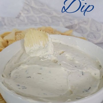 Potato Chip Dip text over a white bowl full of dip and potato chips