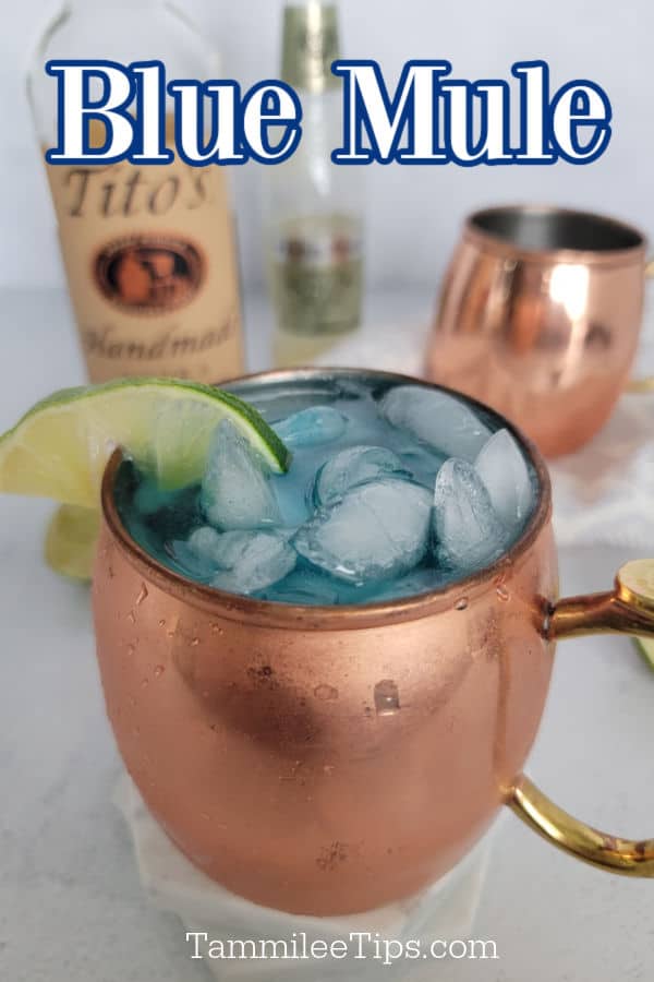 Blue Mule text over a copper mule mug with lime and a bottle of Titos Vodka and Ginger beer