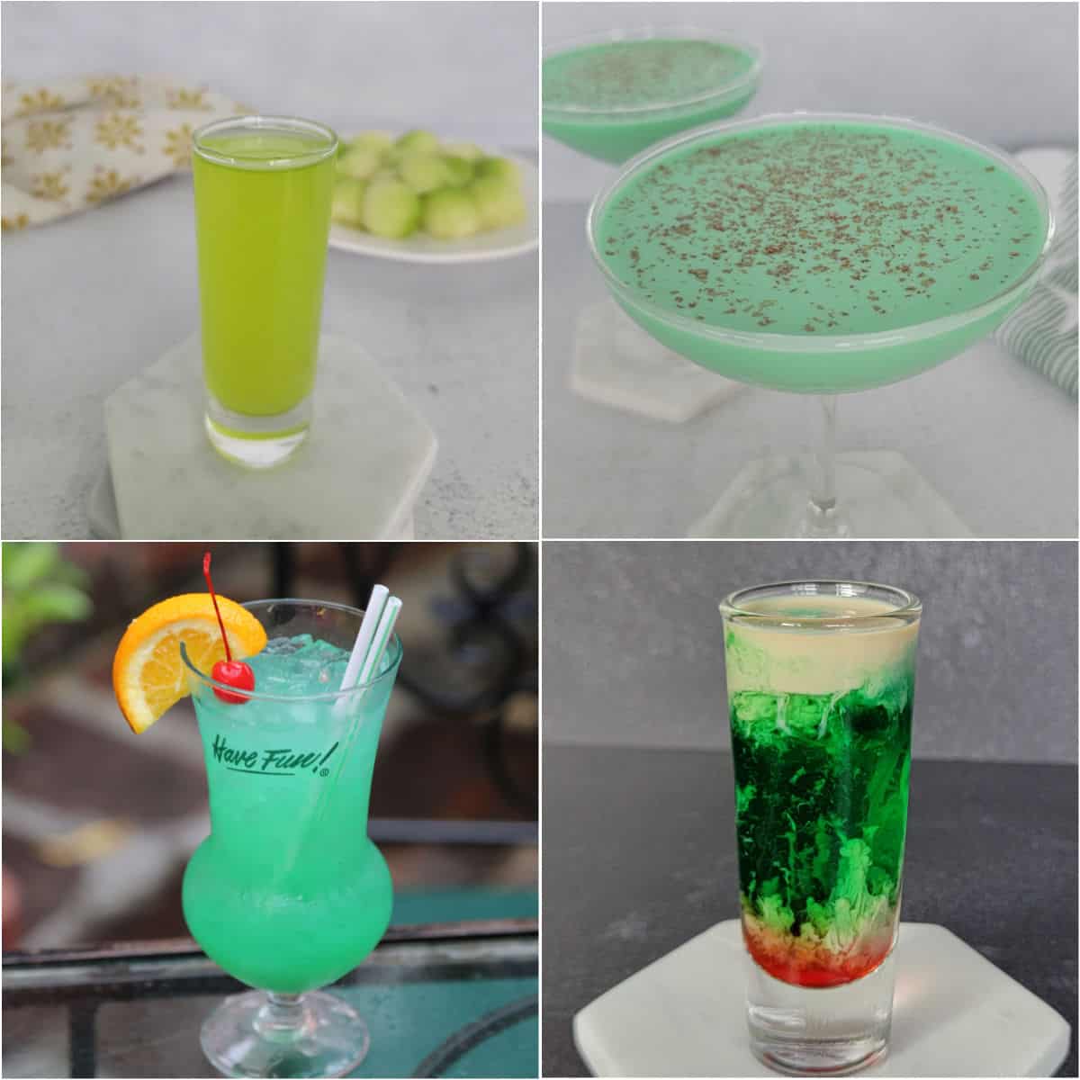 Collage of green cocktails and shots