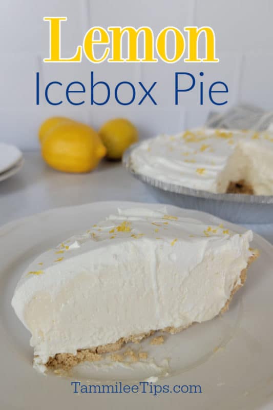 Lemon Icebox Pie on a white plate with lemons on the background