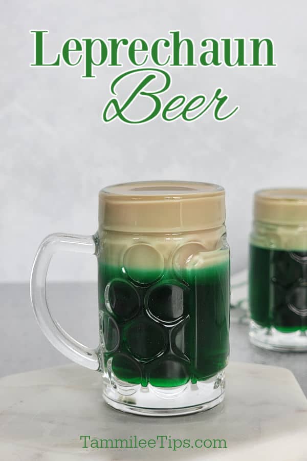Leprechaun Beer text over a green layered shot in a mini beer glass