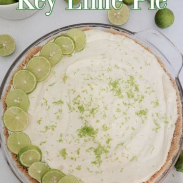 No Bake Key Lime Pie text over a full pie with lime slices