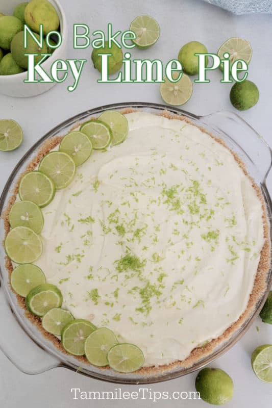 no bake key lime pie text over a glass pie pan with key limes surrounding a pie