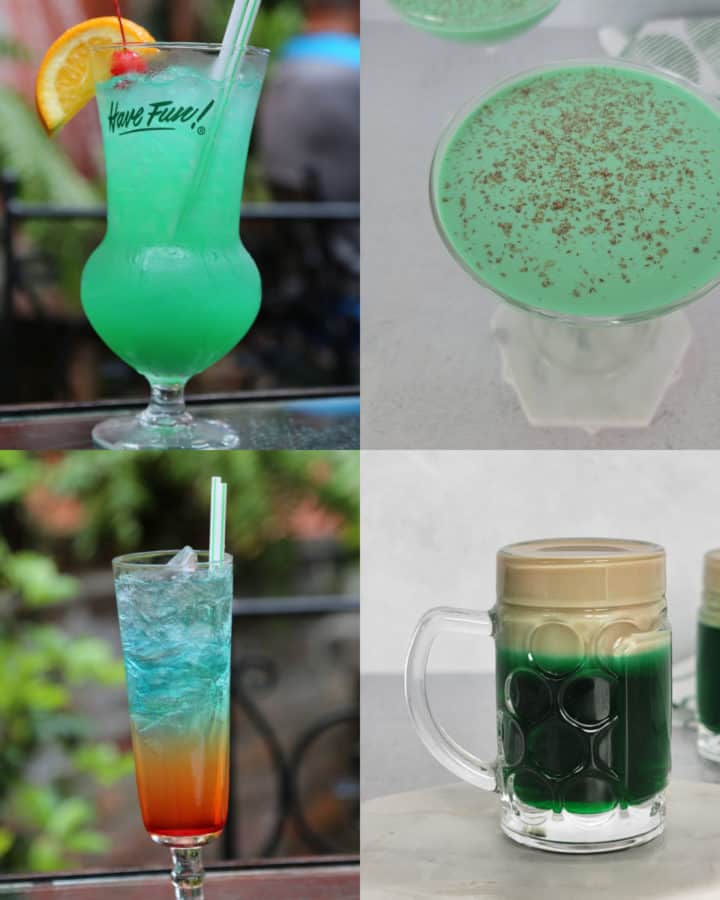 Collage of four St. Patrick's Day Drinks including bright green cocktails and rainbow cocktails