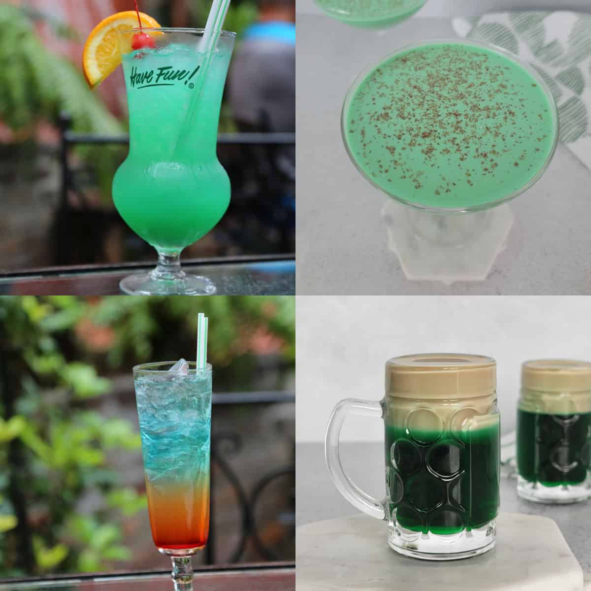 Collage of four St. Patrick's Day Drinks including bright green cocktails and rainbow cocktails