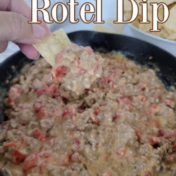 Velveeta Rotel Dip text over a cast iron filled with dip