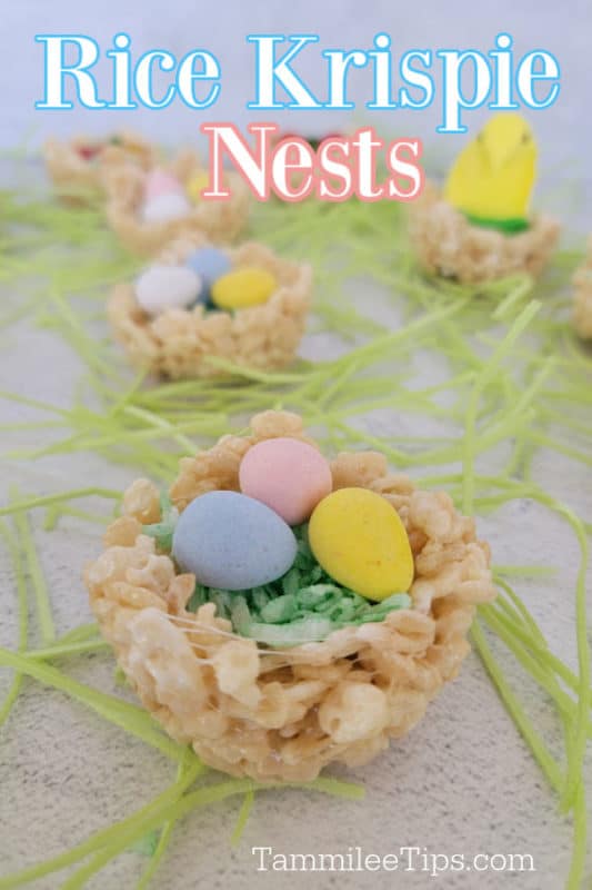 Rice Krispie nests over a nest with green coconut and easter chocolate eggs surrounded by easter grass