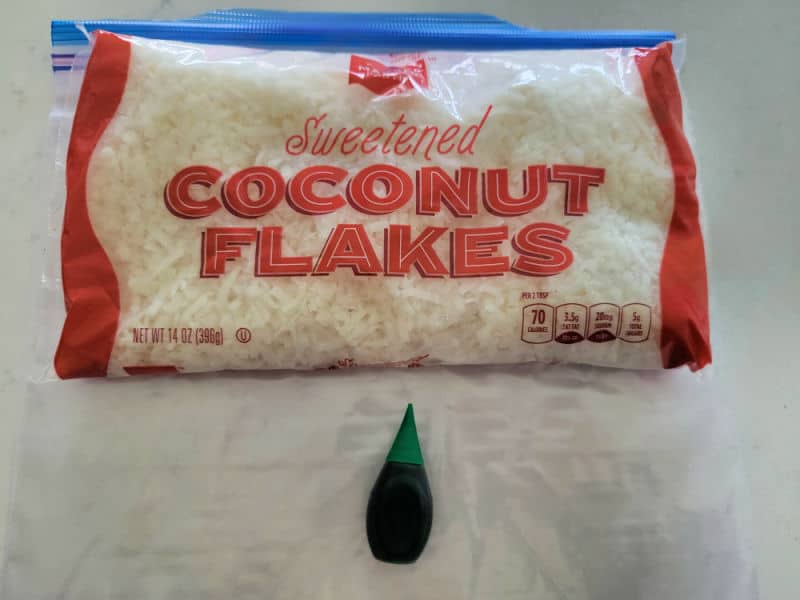 Bag of sweetened coconut flakes and green food coloring