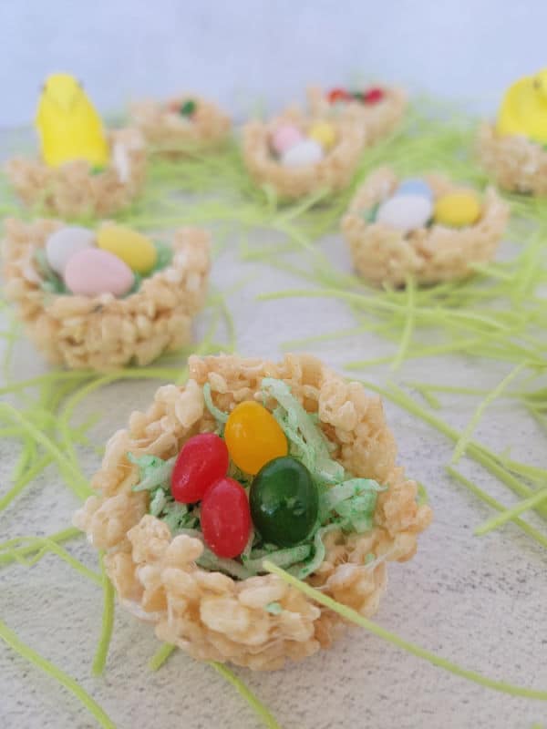 Rice Krispie nests with coconut grass and jelly beans