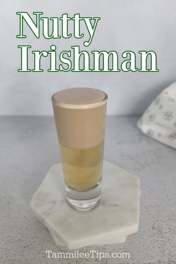 Nutty Irishman text over a layered shot on a white coaster