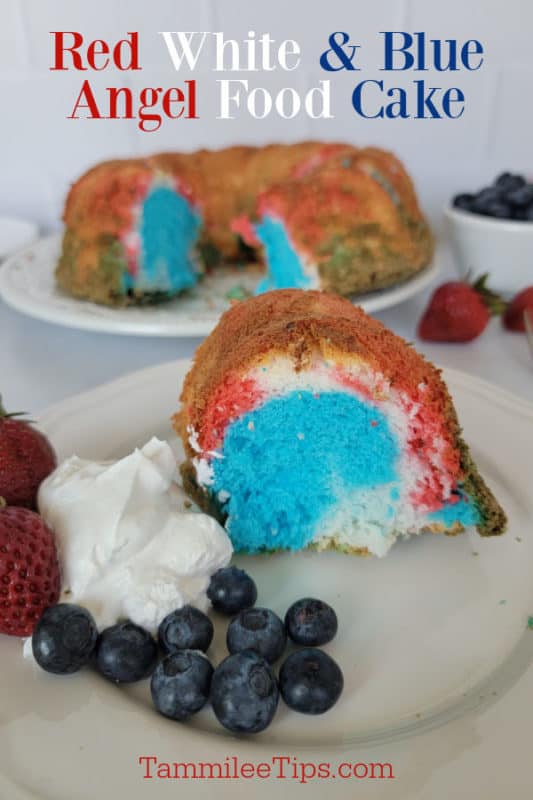 red white and blue angel food cake over a plate with a slice of cake, blueberries, strawberries, and whipped cream. 