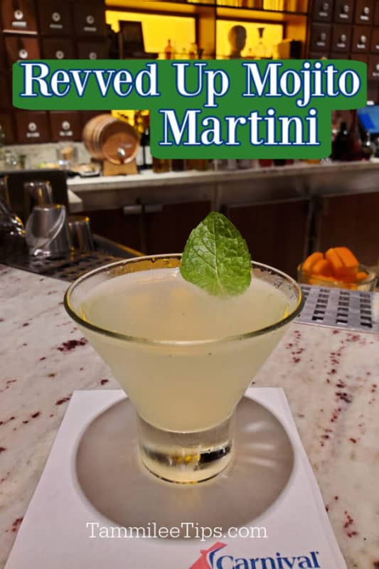 Revved up Mojito Martini text over a stemless martini glass 
