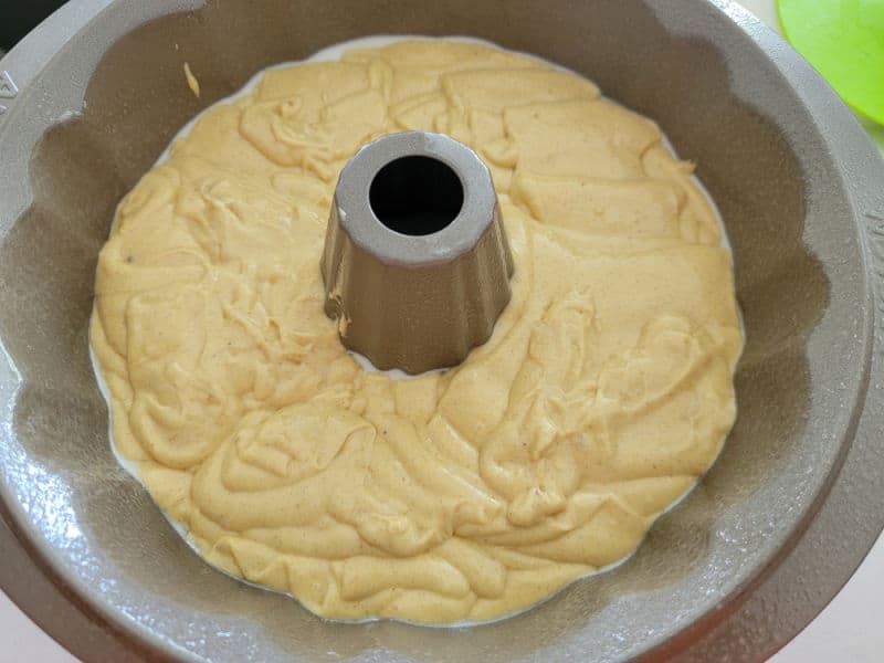 apple cider donut cake batter in a Bundt cake pan