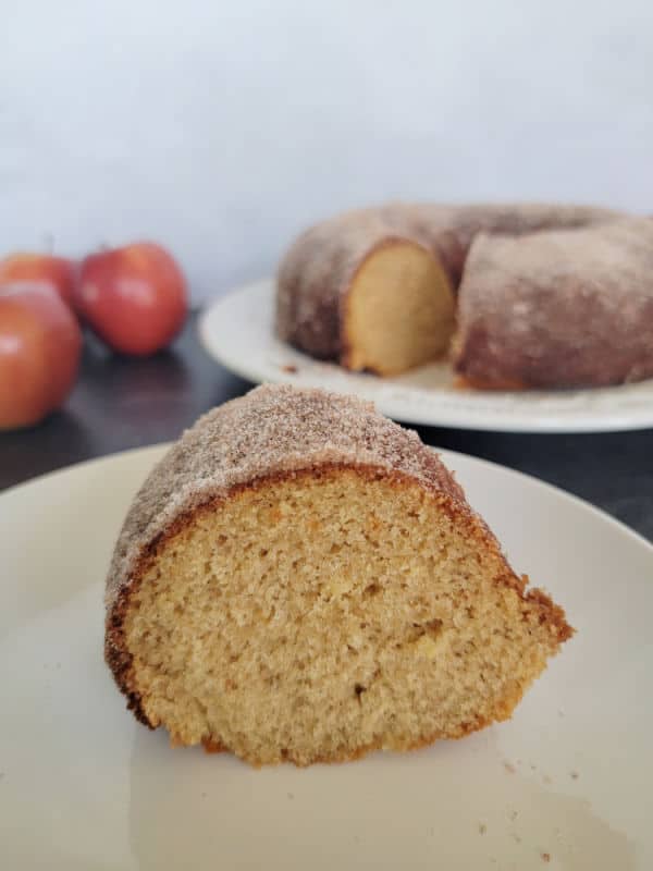 Slice of apple cider donut cake on a white plate next to the cake and apples