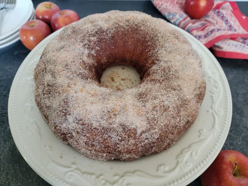 Apple Cider Donut cake on a white plate next to apples