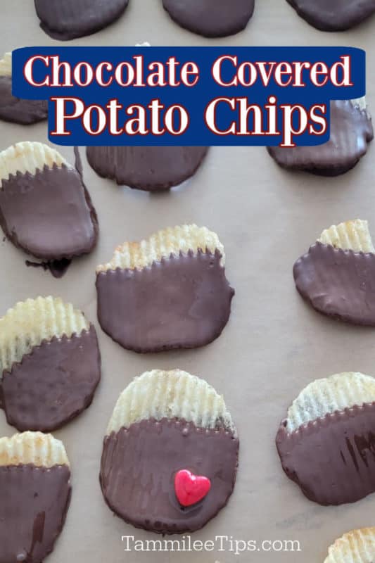 Chocolate Covered Potato Chips text written over a parchment lined baking sheet with potato chips dipped in chocolate