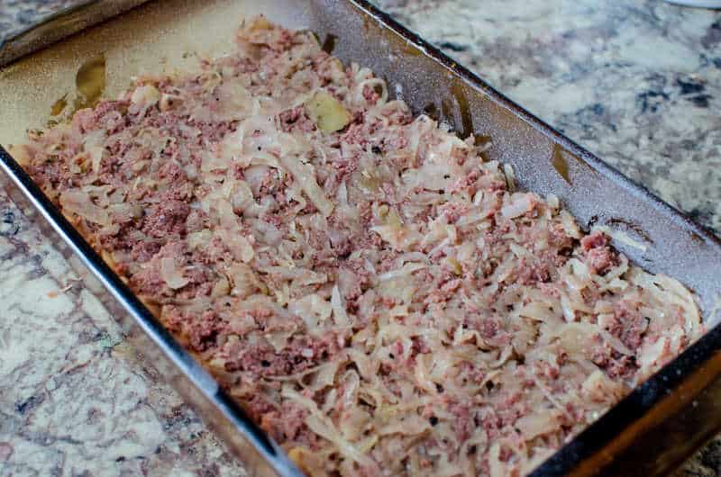 corned beef and sauerkraut in a casserole dish
