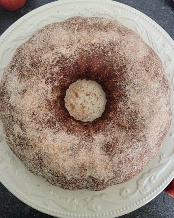 Apple Cider Donut Cake on a white plate with apples next to it