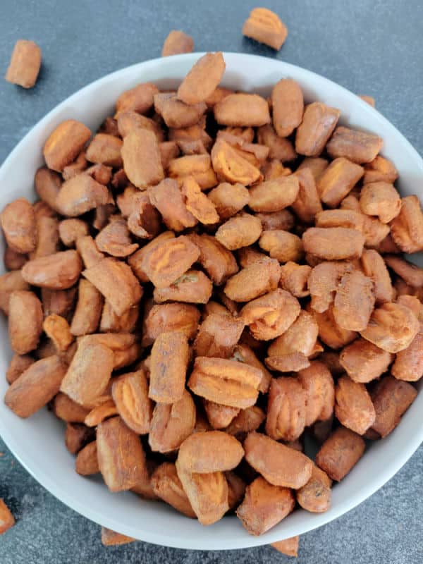 buffalo pretzels in a white bowl