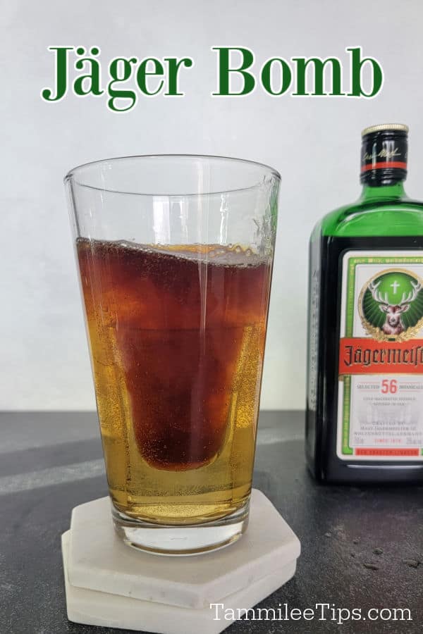 Jager Bomb text over a glass with a shot of jagermeister in it next to a bottle of jagermeister