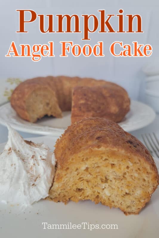 Pumpkin Angel Food Cake printed over a slice of pumpkin angel food cake with whipped cream