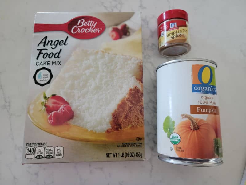 Angel Food cake mix, pumpkin pie spice, and a can of pumpkin puree