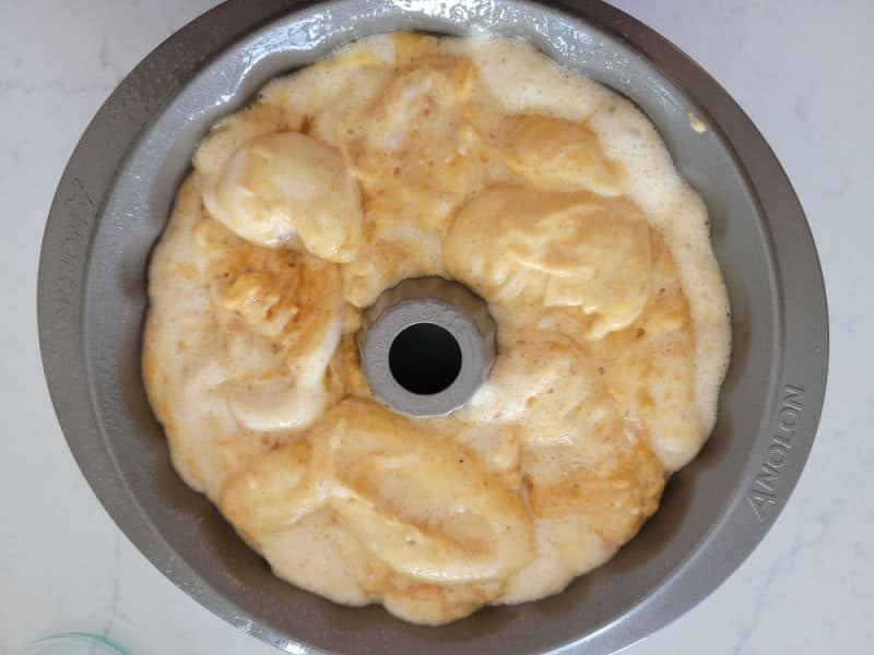 Pumpkin Angel Food cake batter in a Bundt cake pan