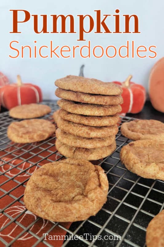 Pumpkin Snickerdoodles over a stack of cookies on a wire rack with a pumpkin cloth napkin