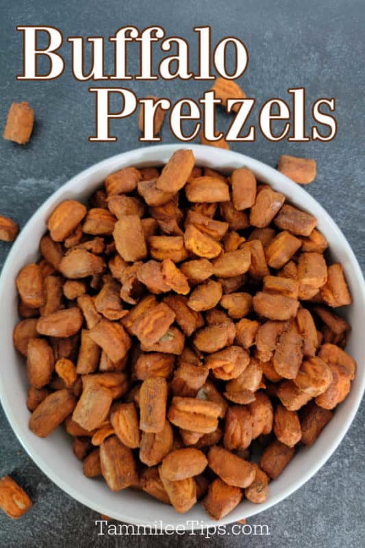 Buffalo Pretzels over a white bowl filled with pretzels