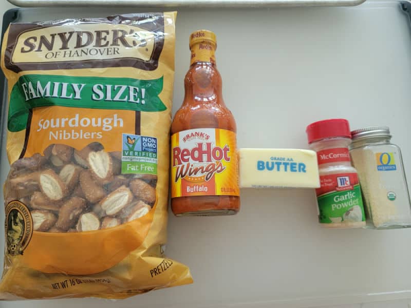 Buffalo Pretzel ingredients, sourdough pretzels, franks red hot sauce, butter, garlic powder, onion powder