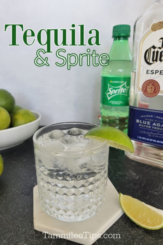 Tequila and Sprite cocktail in a rocks glass with lime garnish next to a bottle of sprite and Jose Cuervo Tequila