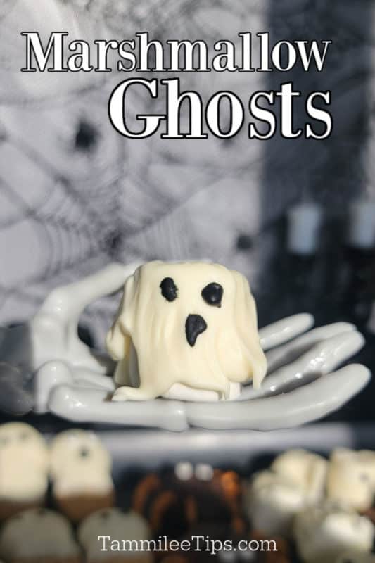 Marshmallow Ghosts text over a skeleton hand holding a marshmallow ghost