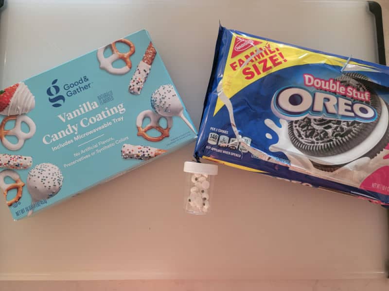 Vanilla candy coating, Oreos and Candy Eyes