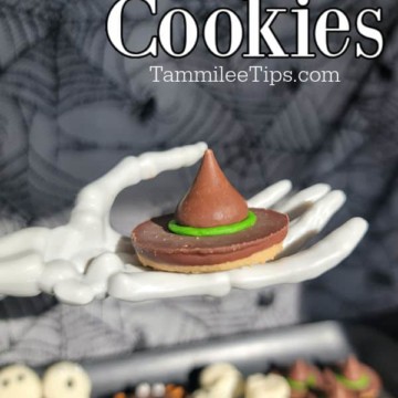 Witches Hat Cookies text over a skeleton hand holding witch hat cookie