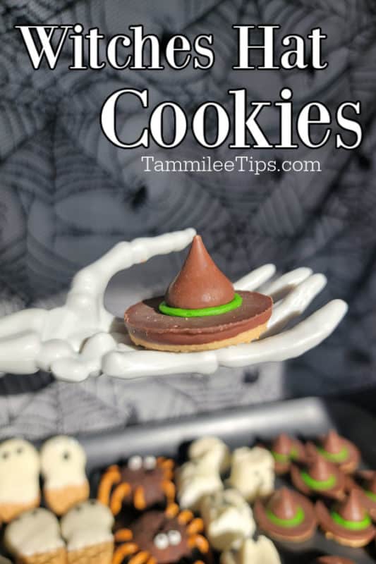Witches Hat Cookies text over a skeleton hand holding witch hat cookie
