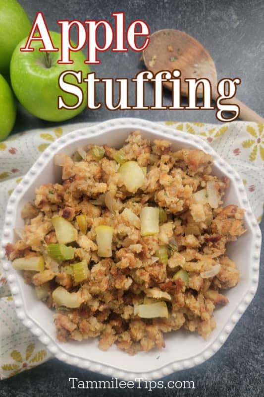 Apple stuffing text written on the top with a white bowl filled with apple stuffing, 3 apples and a wooden spoon