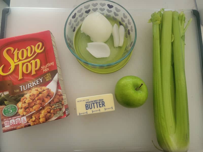 apple stuffing ingredients, stovetop stuffing, onion, butter, apple, and celery