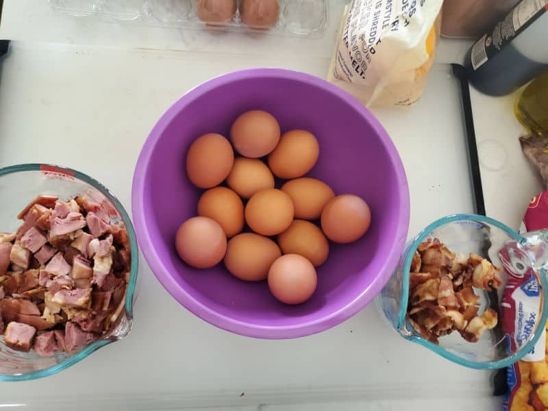 cubed ham, eggs, bacon, cheese for tater tot breakfast casserole