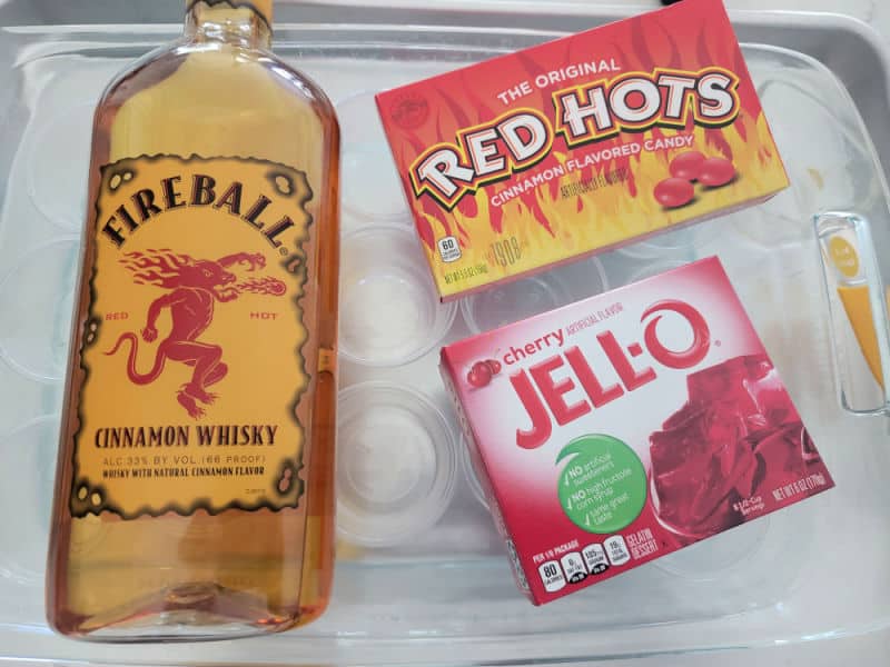 fireball cinnamon whisky, red hot candy and cherry jello for fireball jello shots